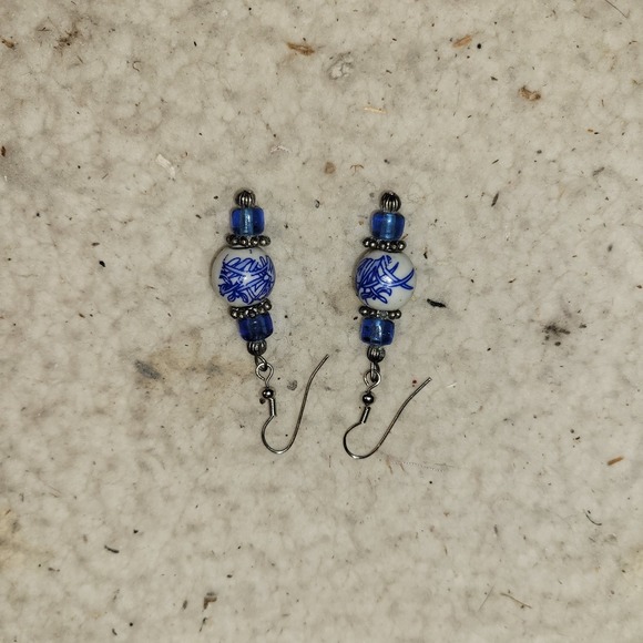 Boho Imports Jewelry - Blue White Porcelain Style Beaded Dangle Earrings Handmade Glass Bead Boho